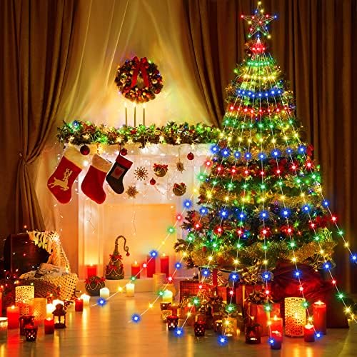 עץ חג המולד אורות מיתרים עם קישוטי כוכב טופר 6.5 רגל 180 LED תאורה מעלה עץ חג המולד מואר מולטי -צבעי מואר זהב עליון עליון תפאורה 8 מצב