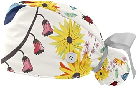 קיגאורו 2 חבילה כובע עבודה של נשים עם כפתורים עניבת סרט אחורי אביב פרחים צהובים פורחים פרת משה רבנו עטיפות שיער ארוכות