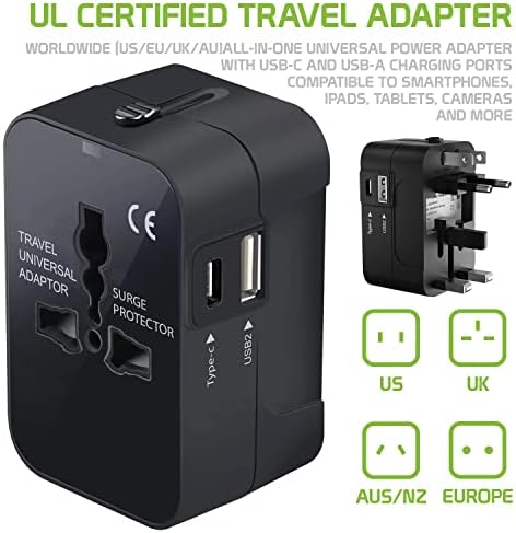 Travel USB פלוס מתאם כוח בינלאומי תואם ל- Alcatel Onetouch Idol 3C עבור כוח ברחבי העולם לשלושה מכשירים USB Typec, USB-A לנסוע בין ארהב/איחוד