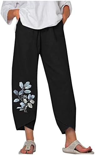 מכנסי קפרי מזדמנים של קיץ נשים פרחים מודפסים קרוס חוצה תחתון רופף מתאים גבוה עלייה המותניים המוצקים יבול קפריס