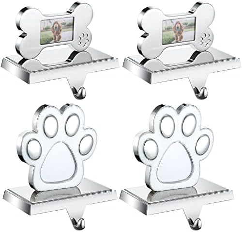 4 מחשבים כלבים מחזיק גרב לחג המולד למעטפת עם כלב עצם כלב פו מסגרת צילום מחזיק גרב מכסף עמד