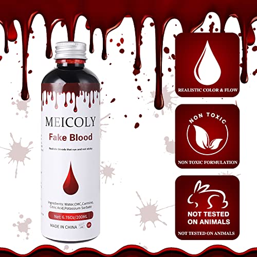 Meicoly דם מזויף 6.76oz/200 מל, דם שפריץ ליל כל הקדושים, טפטוף דם נוזלי לבגדים, זומבי, מפלצת ערפדים SFX איפור ליצן מפחיד מפחיד, נראה כמו