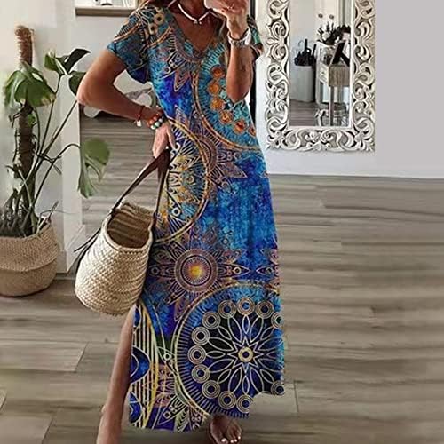 נשים אביב קיץ שמלה מזדמנים בוהו הדפסה צווארון קצר שרוול צד פיצול ייעוד מקסי חוף שמלה כחול