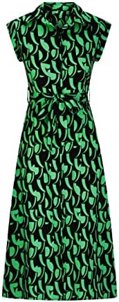 נשים של קיץ מזדמן קצר שרוול צווארון חולצה שמלת עניבת חגור כפתור למטה מקסי שמלה גיאומטרי הדפסת ארוך שמלה