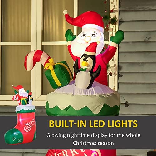 Outsunny 5ft חג המולד מתנפח סנטה ופינגווין עומד בגרב עם קופסת קני מתנה קנדי, תצוגת חצר LED חיצונית למסיבת גן הדשא