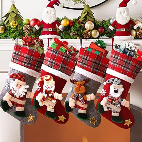 גרבי חג המולד של ניבזר סט של 4, 15.7 אינץ 'בית חווה קלאסי גרבי חג מולד גדול עם סנטה תלת מימד, איש שלג, איילים, דוב קוטב לחג המולד למסיבת