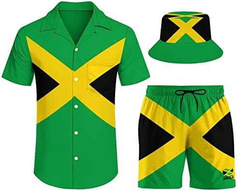 שומני ג'מייקה דגל חולצות ומכנסיים קצרים קבעו קיץ 2 חתיכות כפתור למטה חליפת חוף עם כובעי דלי S