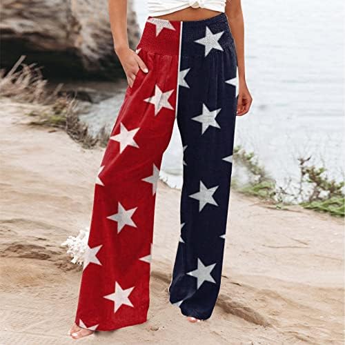 מכנסי רגל רחבים 4 ביולי פשתן לנשים דגל אמריקאי אלסטי אלסטי מכנסי רגל רחבים גבוהים עם כיסים מכנסי פאלאצו מכנסיים