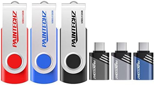 Paintechz 32GB USB 3.0 כונן פלאש 3 חבילה, כונן אגודל, מקל זיכרון עם USB3.0 סוג C מתאם C חבילה - אדום, כחול, שחור