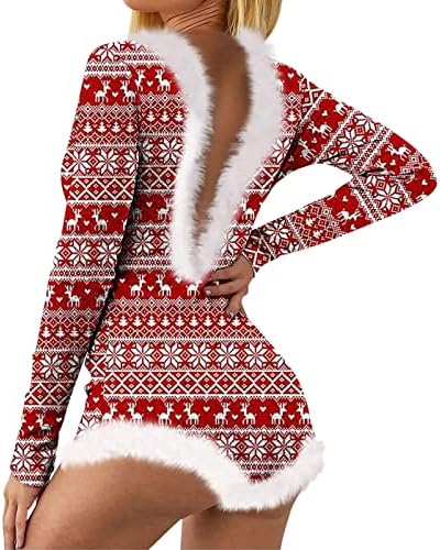 חג המולד סקסי רומפר פיג'מה נשים ללא גב נטול V צוואר שרוול ארוך גוף גוף Bodycon מכנסיים קצרים סרבל 1 חתיכת הלבשה תחתונה לחג המולד לנשים