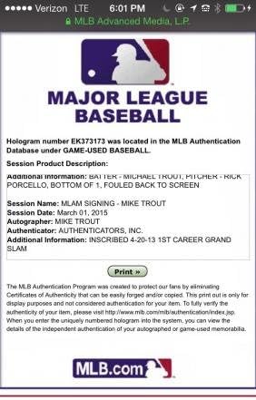 משחק פורל מייק השתמש בכתובת חתומה 4/2013 קריירה ראשונה Grandslam Game -MLB Holo - בייסבול חתימה