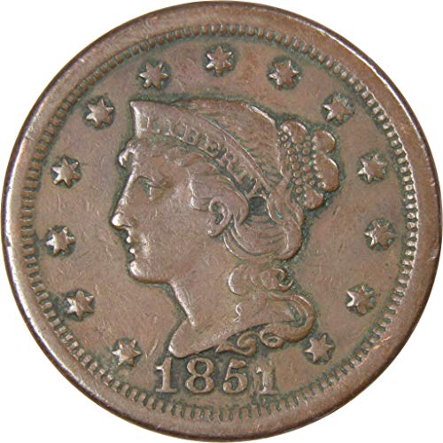 1851 תאריך רגיל שיער קלוע שיער גדול VF vf מאוד נחושת משובחת 1C מטבע ארהב
