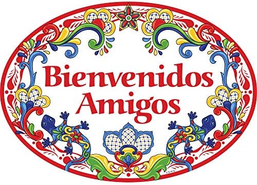 Bienvenidos Amigos יצירות אמנות מסורתיות בברכה חברים קרמיקה 11x8 אינץ 'שלט דלת כניסה ספרדית עם המוטיב האדום של Gecko & Blue Border מאת