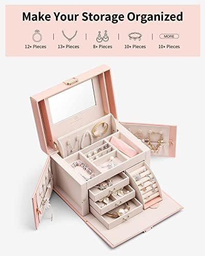 מארגן קופסאות תכשיטים של Vlando לנשים בנות, קופסת אחסון תכשיטים גדולה של בארוק עם מראה, מגירות לצמידים, עגילים, טבעות, שרשראות, מתנות
