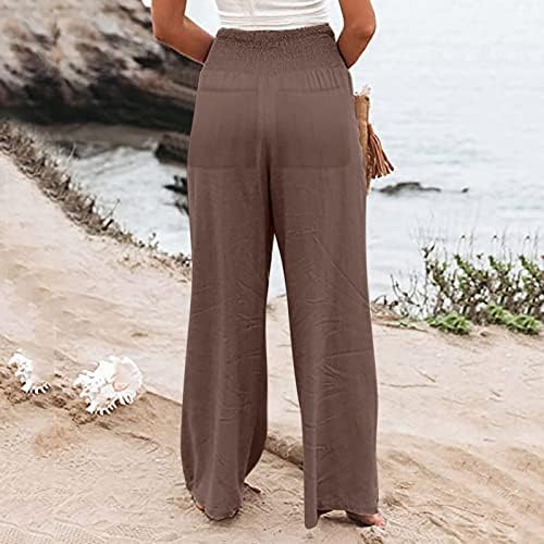 נשים עם פופינודוד מקיץ מותניים גבוהים פשתן כותנה מכנסיים מכנסי טרקלין רגל רחבים מכנסיים לנשים