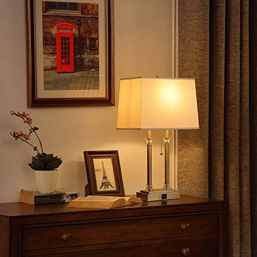 מנורת שולחן קריסטל כסף ייחודי עם בסיס מתכת כפול של נמל USB לשולחן קצה עמדת לילה ליד המיטה, מנורה מודרנית לסלון, מנורת שולחן צד עם צל לבן,