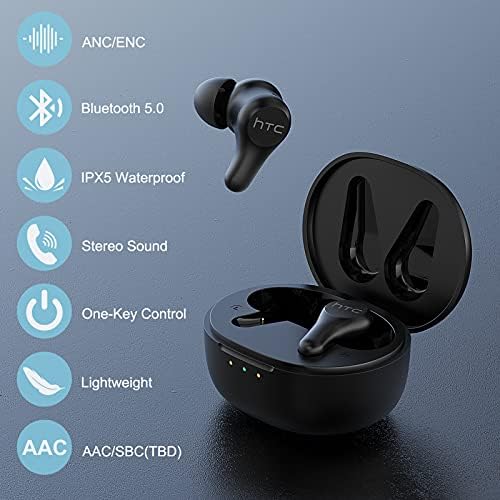 HTC True Earmuds אוזניות פלוס - ANC, ביטול רעש פעיל IPX5 עמיד מים עמיד במים Bluetooth 5.0 עם ENC, אוזניות בקרת מגע סטריאו באוזן