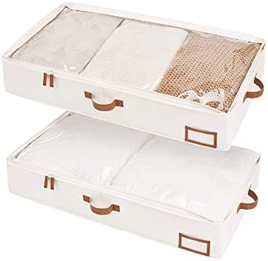 אחסון תיבת אחסון מתחת למיטה, מארגן בגדים מתחת למיטה עם מבנה יציב ובד עבה במיוחד, לבן שנהב, גדול, 2 מארז