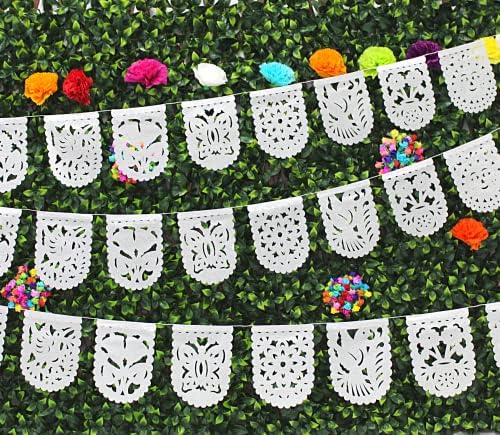 מיני לבן באנרים, 5 חבילה פאפל פיקאדו מיני דגל זרי, פיאסטה קישוט, סינקו דה מאיו, מקסיקני חתונה, טאקו יום שלישי תכונות פרפרים, פרחים, שמשות