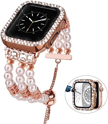 צמיד V-Moro תואם ללהקה של Apple Watch 40 ממ 44 ממ נשים עם מגן מסך בלינג מארז אופנה רצועת פנינה אלסטית בעבודת יד עם כיסוי מלא לסדרת IWatch