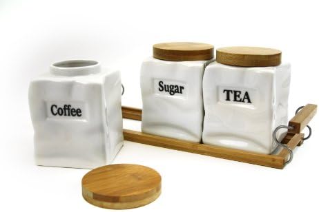 אטרקטיבי סט של שלושה כיכר מיכלי עם טבעי במבוק מכסה ולעמוד-אבן עיצוב קפה, תה, סוכר, קרמיקה מיכל סט