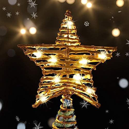 דר דודו טופר עץ חג המולד, 9.4 x 12 טבעי ראטאן טופר עץ כוכב חג המולד עם 10 נורות LED, כוכב עץ חג המולד כפרי טופר עץ חג המולד קישוט קישוט
