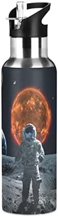 מערכת סולארית גלפית אסטרונאוט 20 גרם בקבוק מים, בקבוק מים עם מכסה קש מבודד נירוסטה, לספורט, ריצה, הליכה