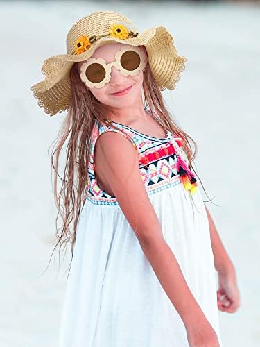 2 יחידות בנות קיץ קש כובע עם עגול פרח משקפי שמש סט לילדים חמוד גדול ברים חמניות חוף שמש כובע