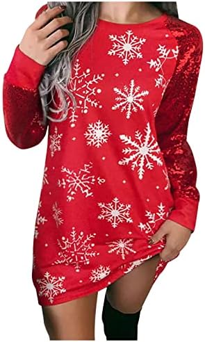 נשים של חג המולד טוניקת שמלה מזדמן ארוך שרוול פתית שלג מודפס בגד גוף מיני שמלה רזה מתאים חג מסיבת שמלות