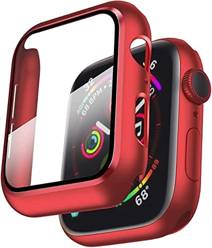 מארז מחייך תואם לסדרת Apple Watch 6/SE/Series 5/Series 4 44 ממ עם מגן מסך זכוכית מחוסמת מובנית, מחשב קשה מגן מחשב קשיח אולטרה-דקיק- אדום