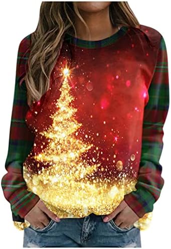 ארוך שרוול חולצות לנשים אופנה מזדמן חג המולד הדפסת עגול צוואר חולצה למעלה רופף מעובה חם סוודר חולצות