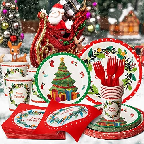 לוחות נייר לחג המולד ומפיות אספקת מסיבות קישוט נייר נייר צלחות חד פעמיות אספקת מסיבות 120 יחידות של צלחות 7 'ו -9', כוסות, מפיות, מזלגות