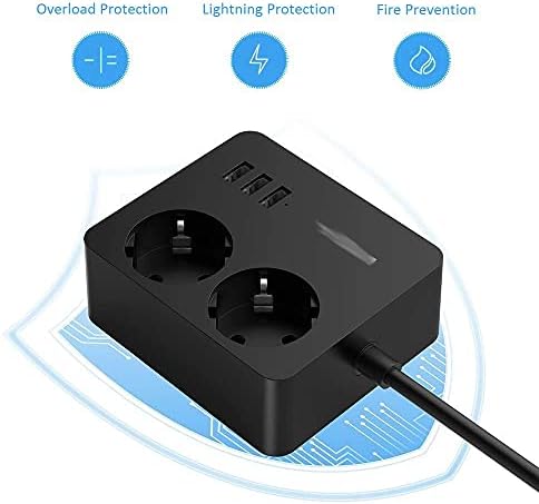 רצועת חשמל רב -כוח של Cujux EU עם 2 יציאות USB 3 יציאות USB ו- 1.5m /5ft Triefet Travel Travel Portable Socket Cocket הגנה