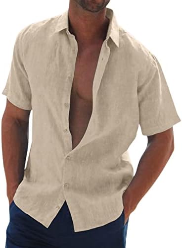 כפתור פשתן כותנה של ZDDO חולצות למטה לגברים עם שרוול קצר פנה