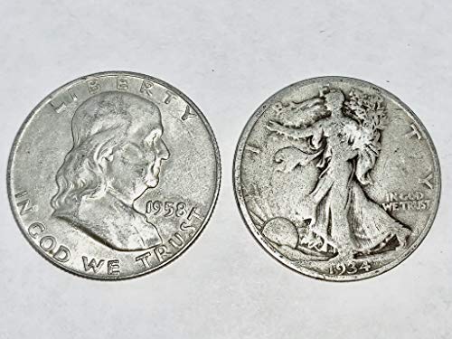 2 מגרש מטבעות חצי דולר חצי דולר, סט וינטג 'של ארצות הברית. בן פרנקלין ומטבע הליברטי בהליכות קבעו חצי דולר שדורג על ידי המוכר המופץ
