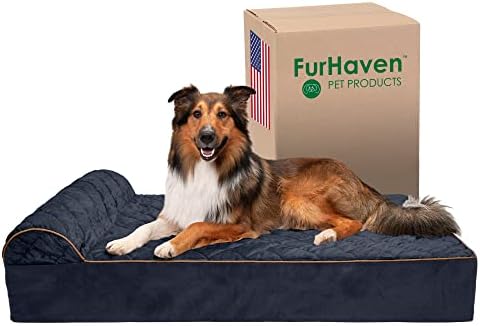 Furhaven XXL מיטת כלבים אורטופדית גוליית פרווה דמוית פרווה וקטיפה עם כיסוי רחיץ נשלף נשלף - כחול כהה, 2xl